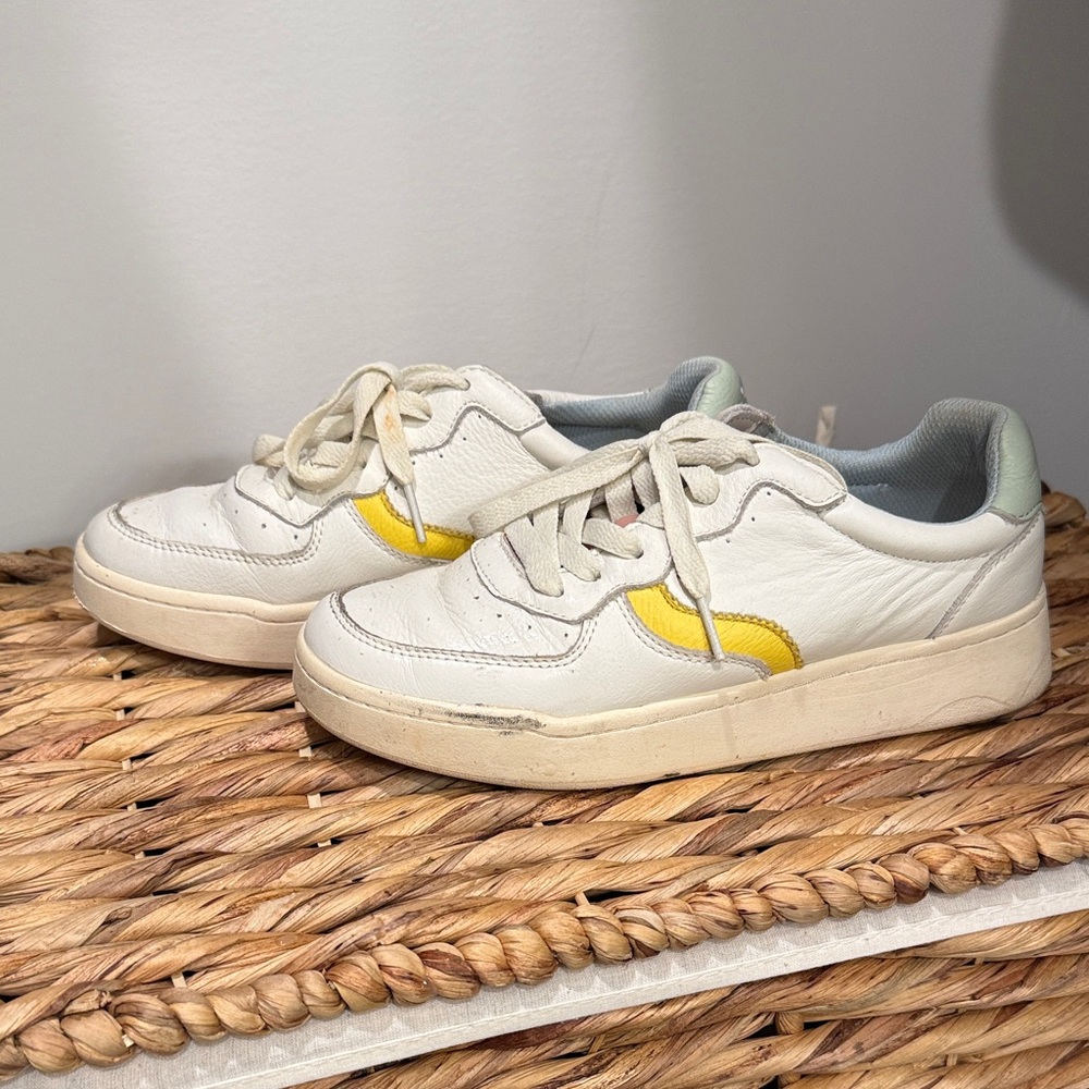 White Leather Sneakers with Yellow, Pink & Blue Accents